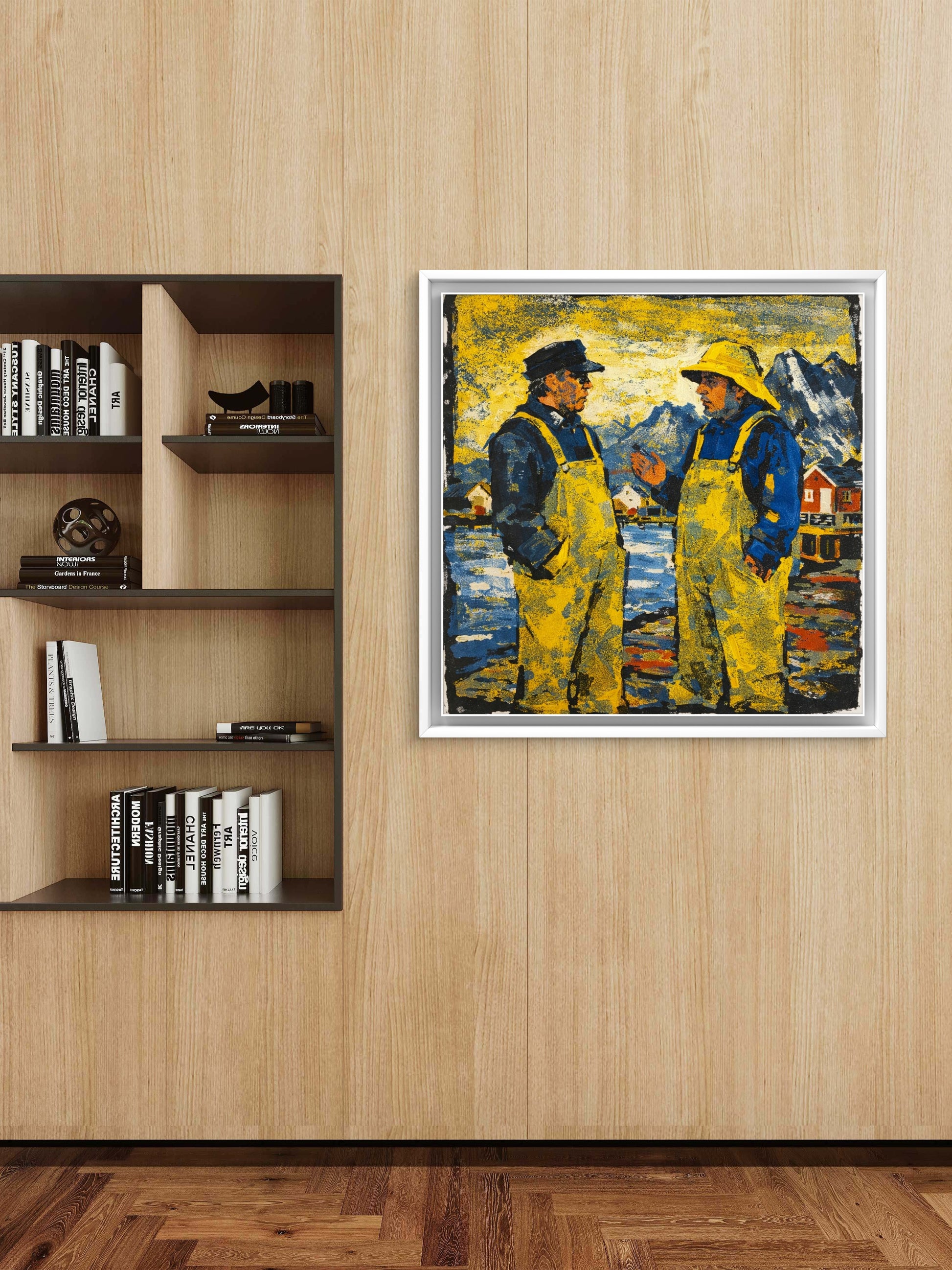 Fiskere i samtale hengt på vegg ved bokhylla