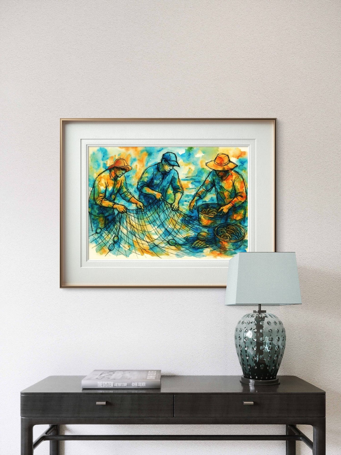 Fiskere ved garnet – figurativt norsk kystkulturmotiv med fiskere i arbeid ved garnruser, kunstprint av HareideART
