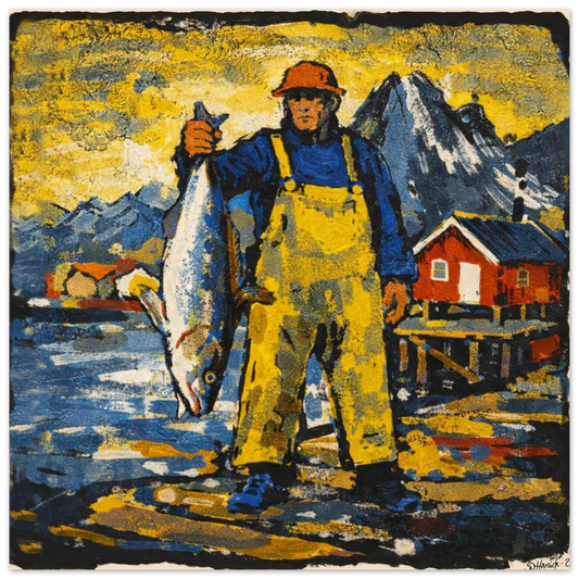 En stolt fisker i Lofoten holder opp sin største fangst.