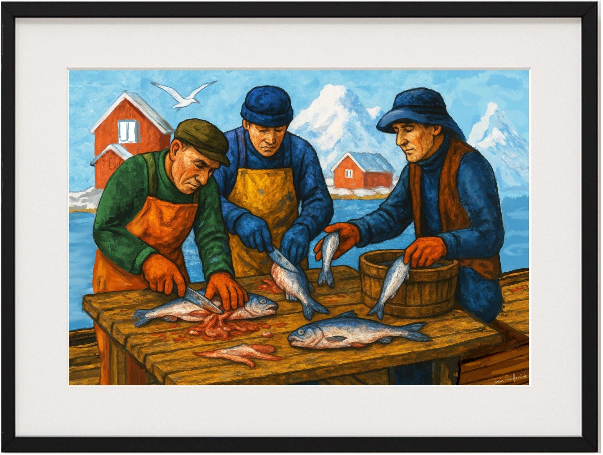 Fiskerne ved brygga – nordnorsk kystkunst i begrenset opplag med autentisk fiskerimotiv og bryggestemning, kunstprint av HareideART