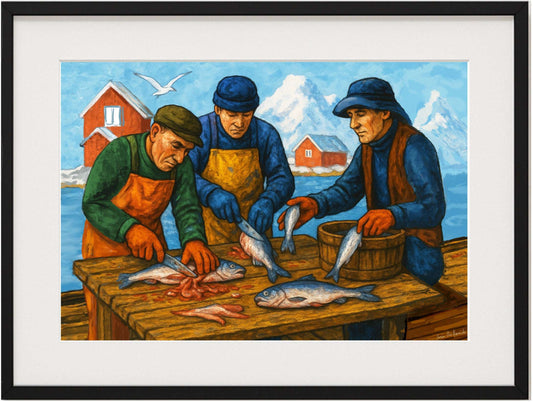 Fiskerne ved brygga – nordnorsk kystkunst i begrenset opplag med autentisk fiskerimotiv og bryggestemning, kunstprint av HareideART