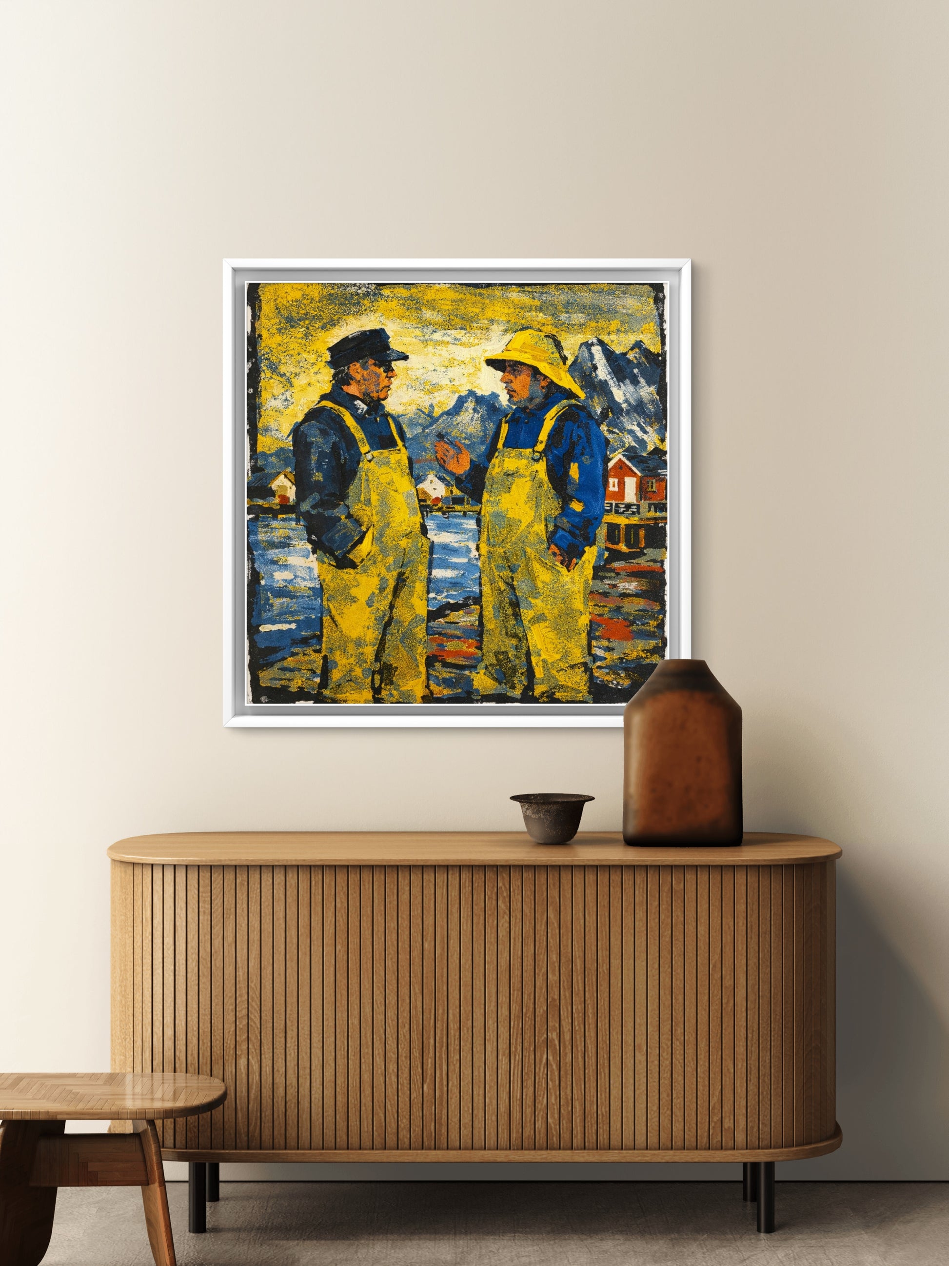 To fiskere står i en samtale på brygga