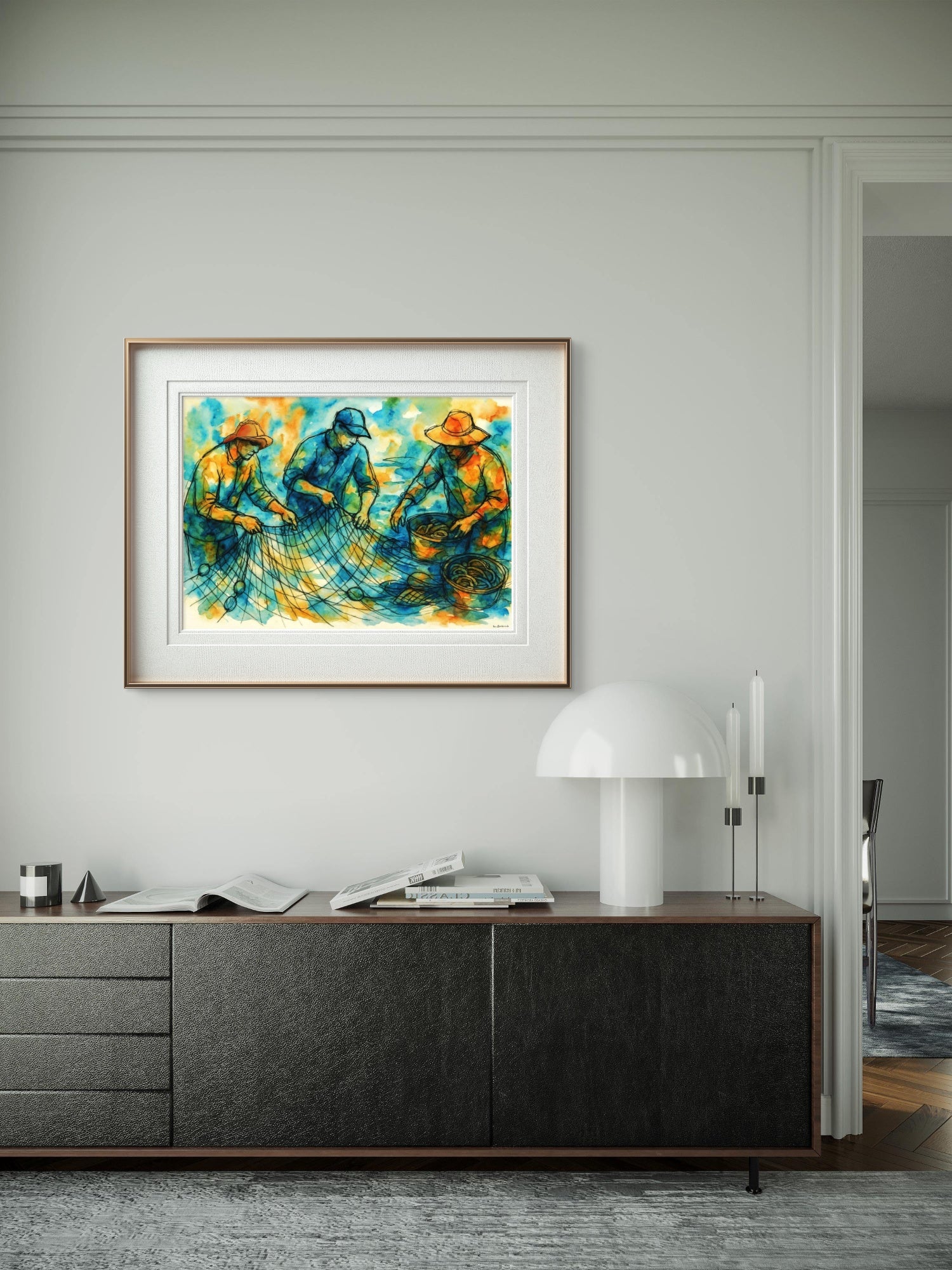 Fiskere ved garnet – figurativt norsk kystkulturmotiv med fiskere i arbeid ved garnruser, av HareideART