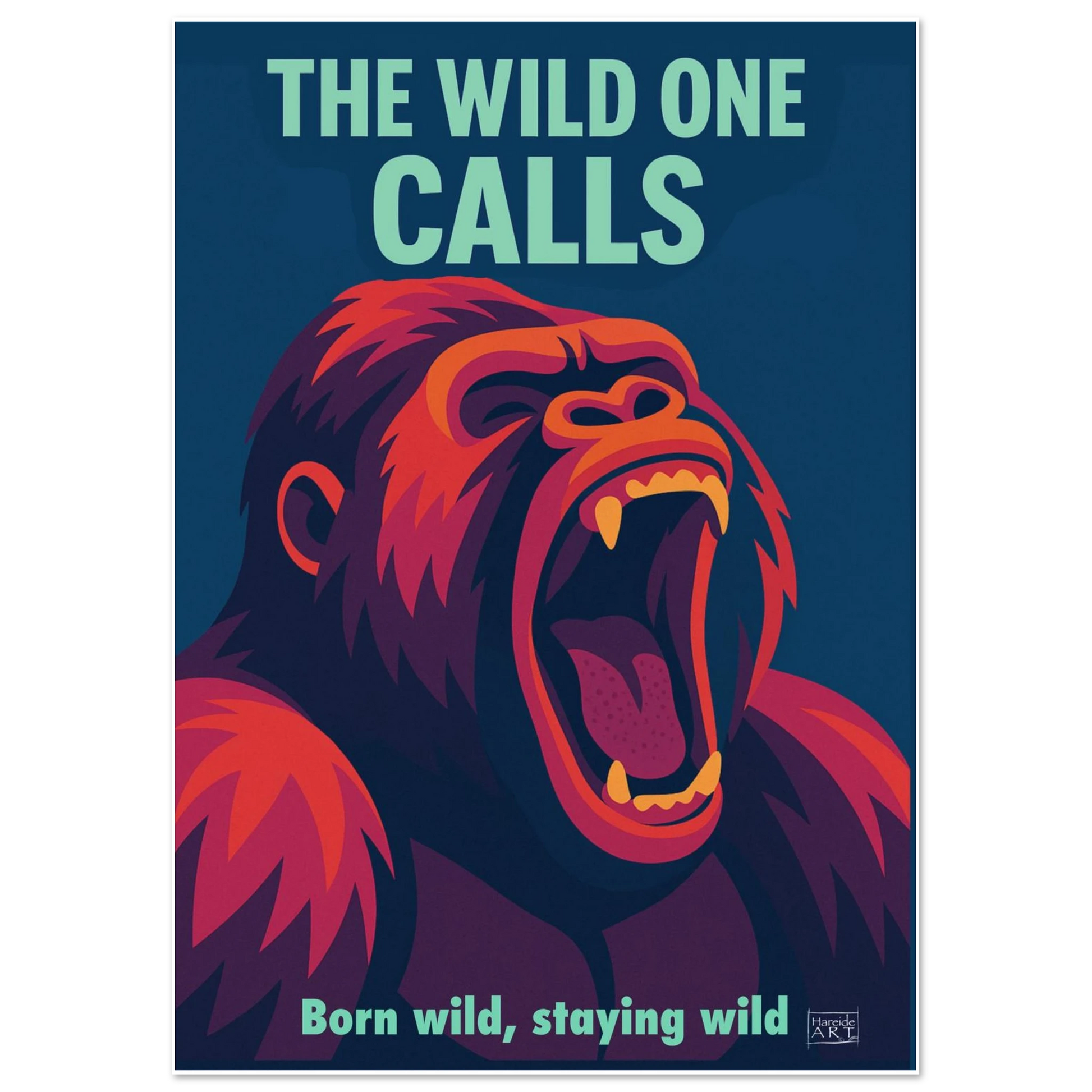 The wild one calls sjimpanse – kraftfullt kunsttrykk av sjimpanse i blå og oransje toner med vill og fri energi, kunstprint av HareideART