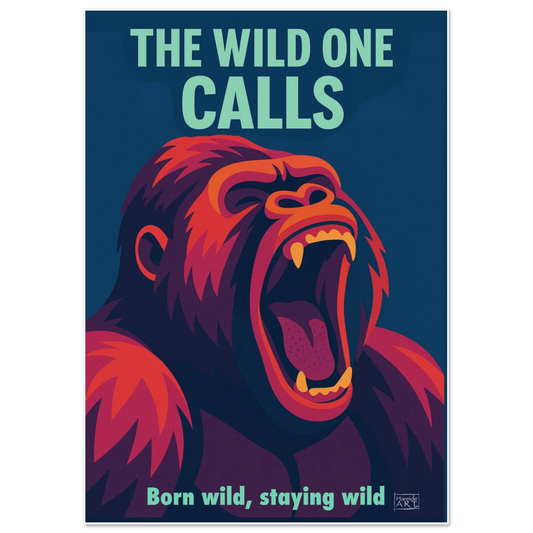 The wild one calls sjimpanse – kraftfullt kunsttrykk av sjimpanse i blå og oransje toner med vill og fri energi, kunstprint av HareideART