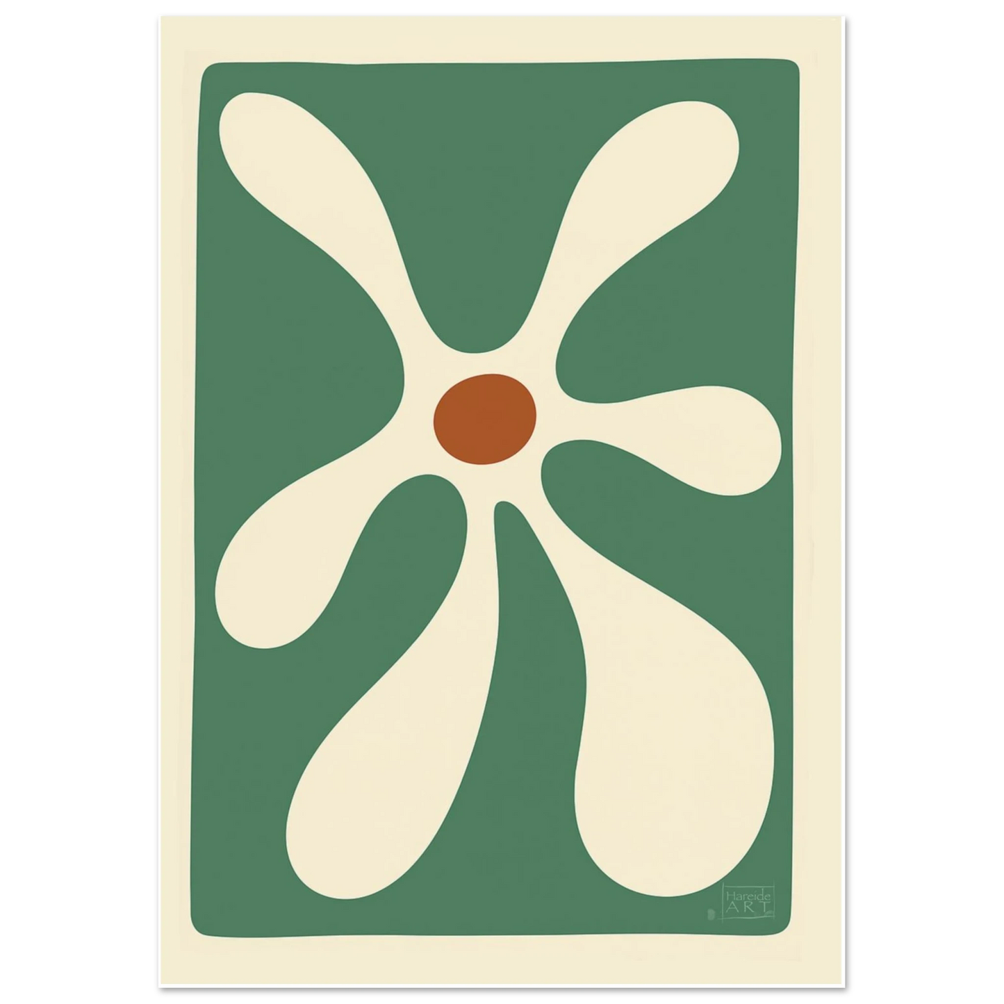 Grønn blomst – organisk botanisk kunsttrykk med varme fargetoner og frisk naturlig blomsterform, kunstprint av HareideART
