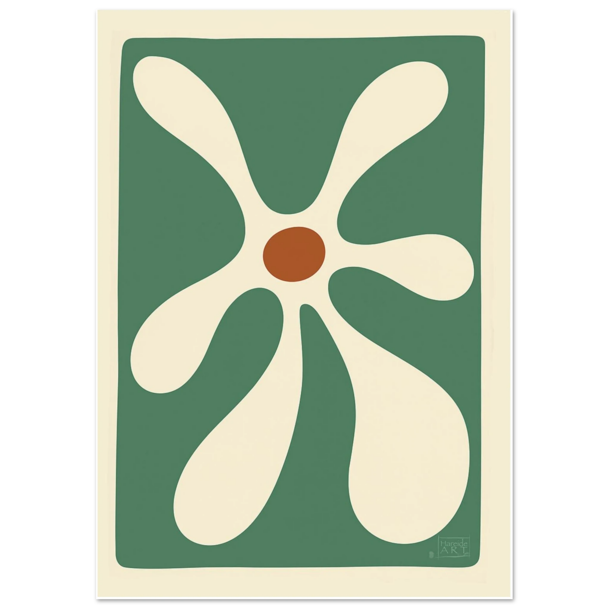 Grønn blomst – organisk botanisk kunsttrykk med varme fargetoner og frisk naturlig blomsterform, kunstprint av HareideART