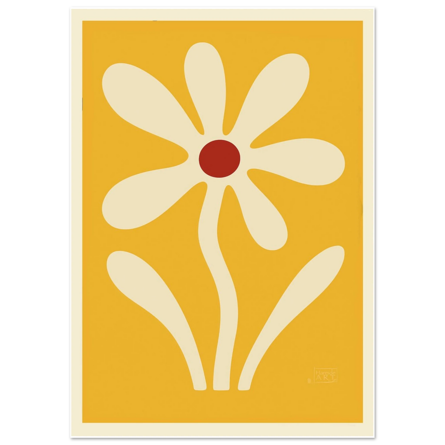 Gul solblomst – varm botanisk kunsttrykk med strålende gul solblomst og frodig naturlig uttrykk, kunstprint av HareideART