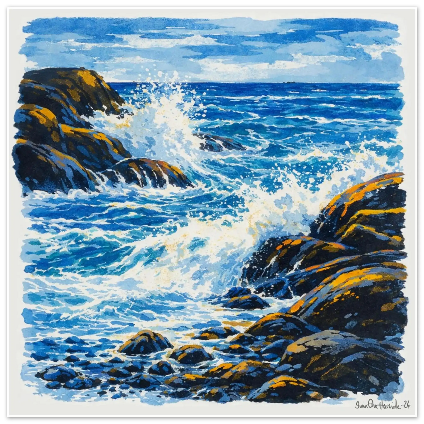 Der havet møter stein – abstrakt norsk kystkunst med bølger i dype blåtoner mot mørke svaberg i okertoner, kunstprint av HareideART