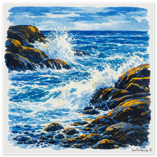 Der havet møter stein – abstrakt norsk kystkunst med bølger i dype blåtoner mot mørke svaberg i okertoner, kunstprint av HareideART