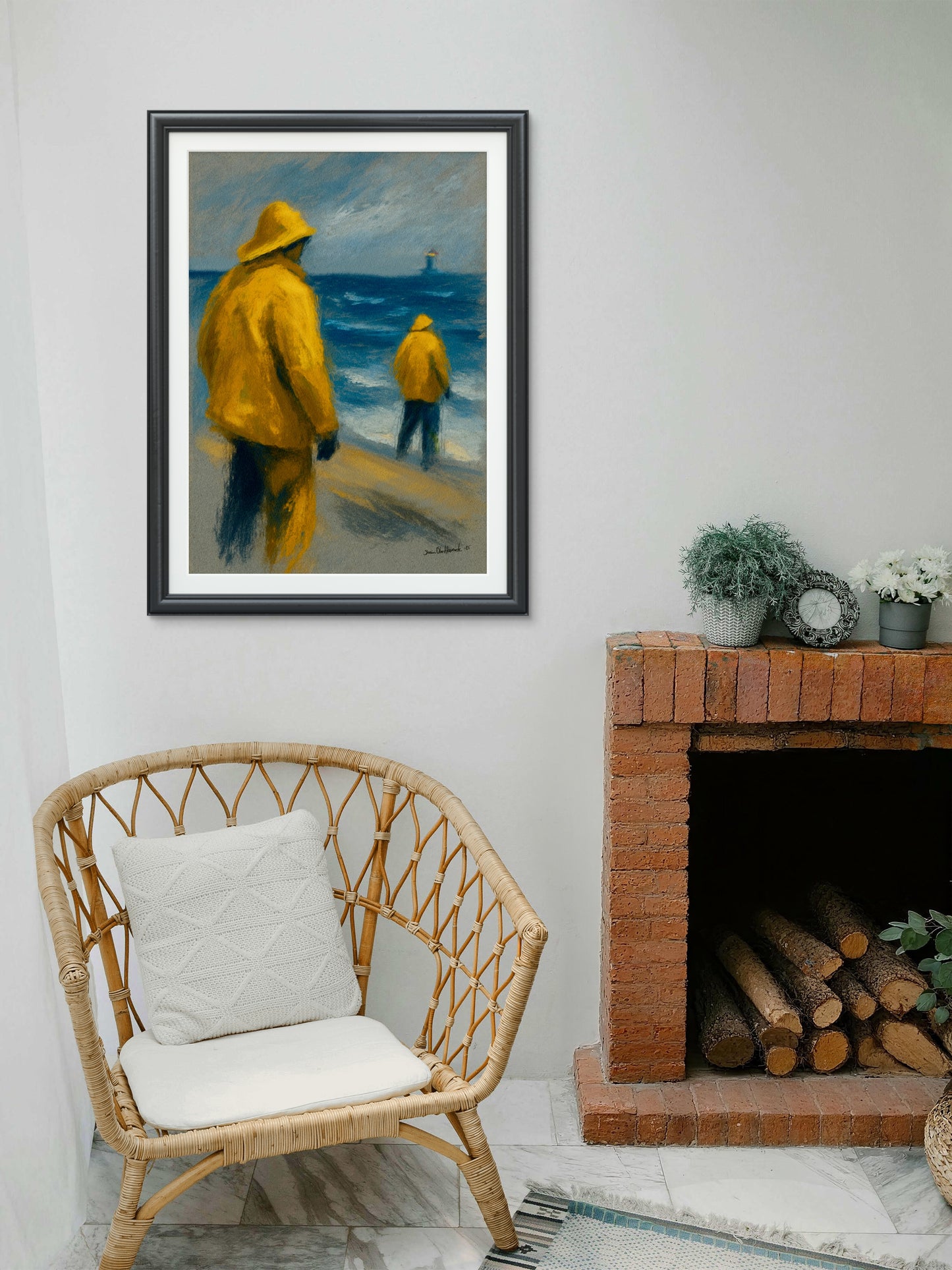 Minimalistisk abstrakt kunst med harmonisk fargebalanse – moderne nordisk veggkunst Ved peisen