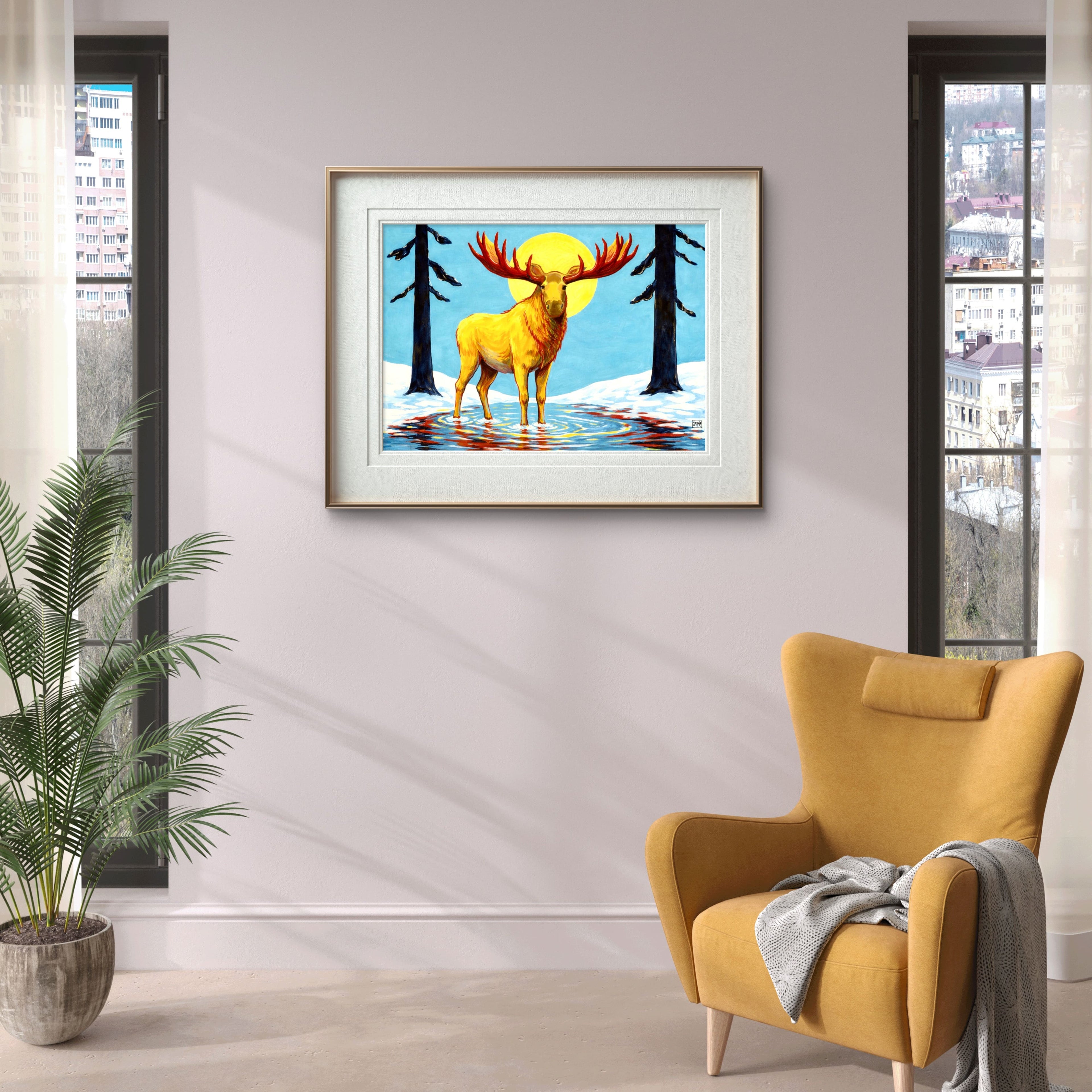 Elgen på vegg i solnedgang