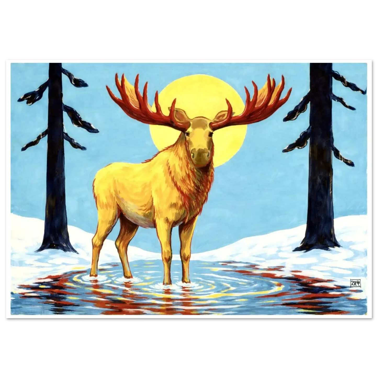 Gyllen elg – nordisk naturkunst med majestetisk elg i gyldent lys og sterk nordnorsk villmarksstemning, kunstprint av HareideART