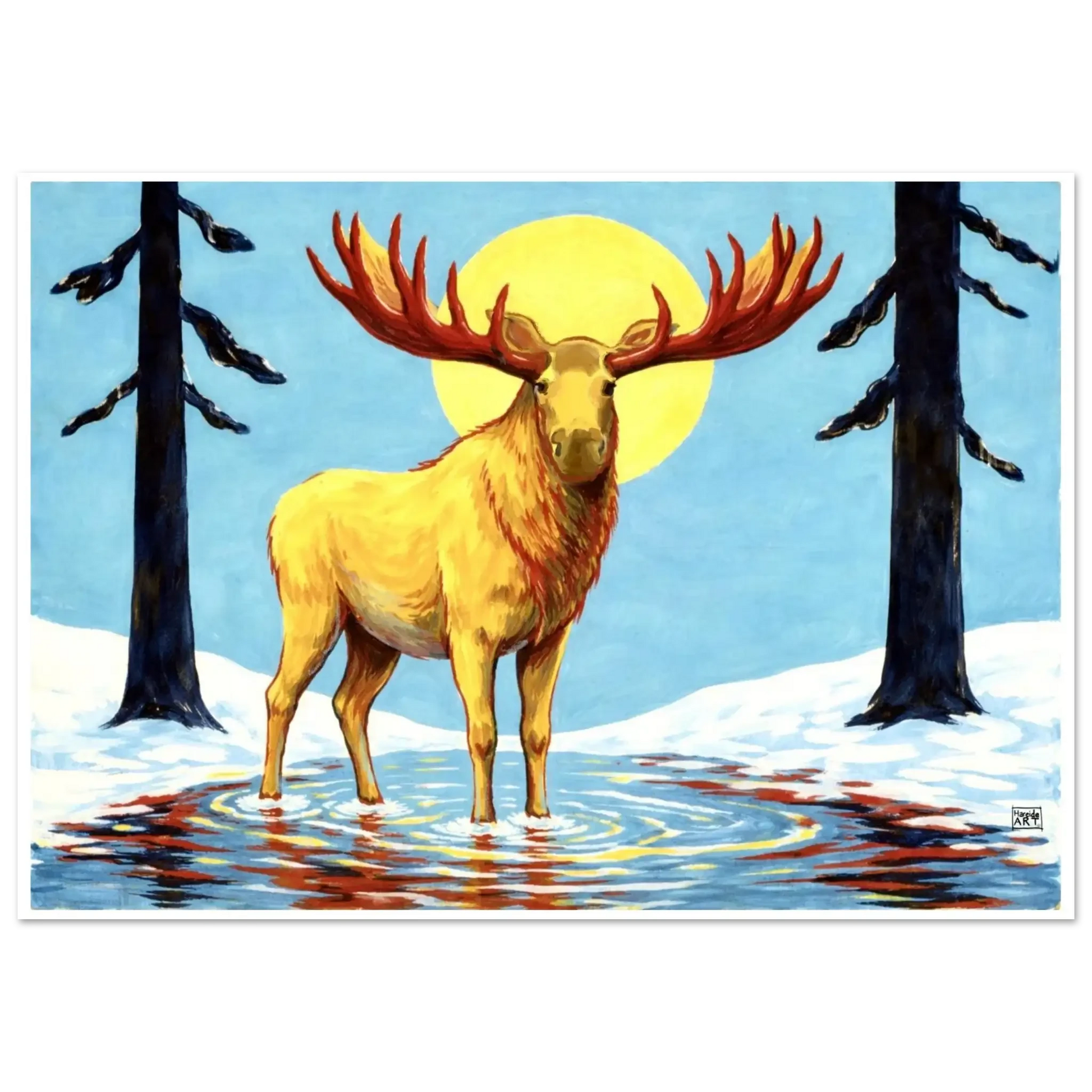Gyllen elg – nordisk naturkunst med majestetisk elg i gyldent lys og sterk nordnorsk villmarksstemning, kunstprint av HareideART