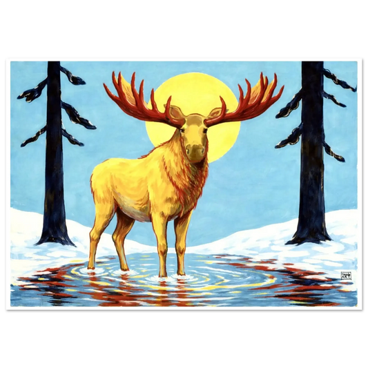 Gyllen elg – nordisk naturkunst med majestetisk elg i gyldent lys og sterk nordnorsk villmarksstemning, kunstprint av HareideART