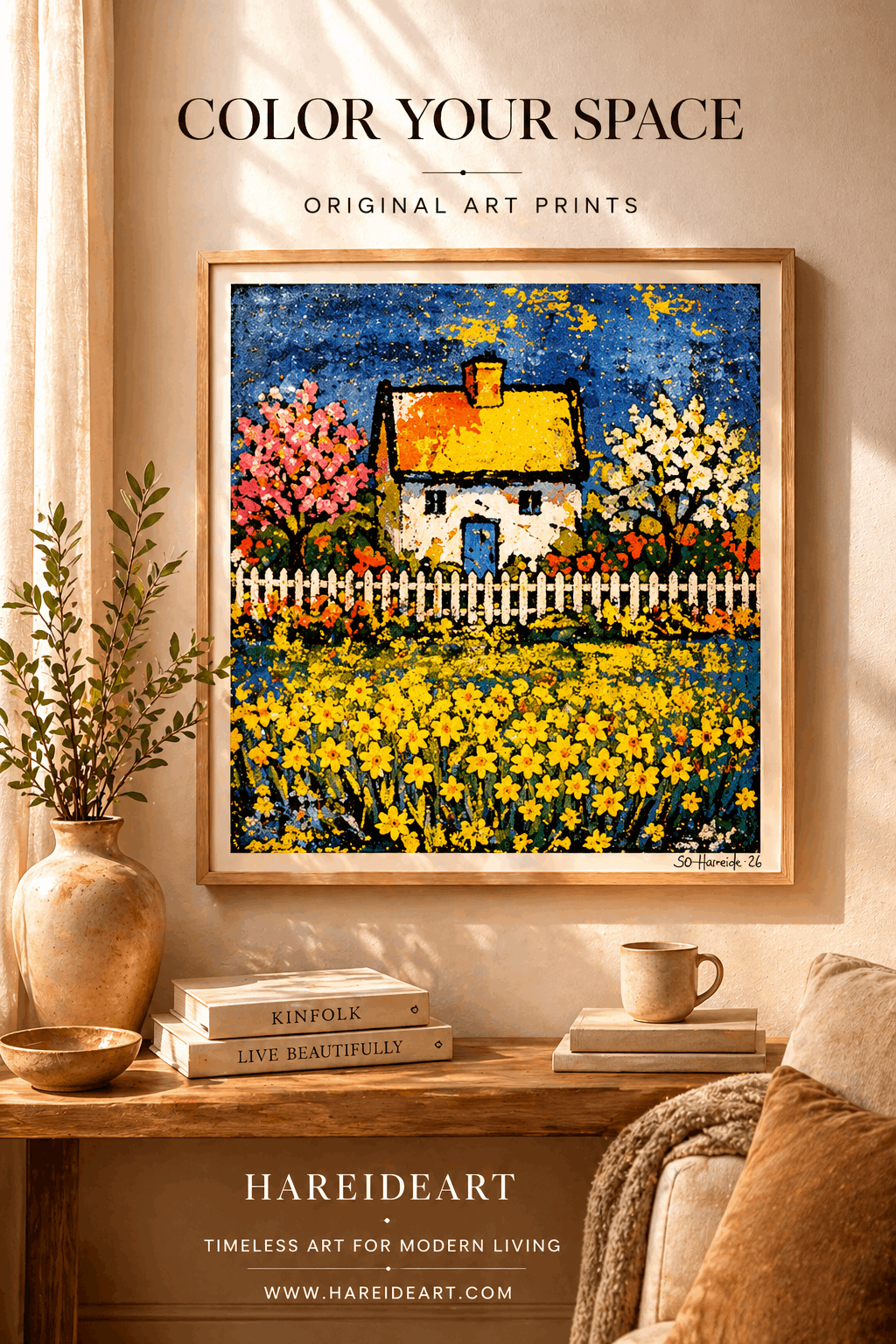 Impressionistisk maleri av hvitt hus omgitt av gul blomsterhage med grønne trær og sommerlys