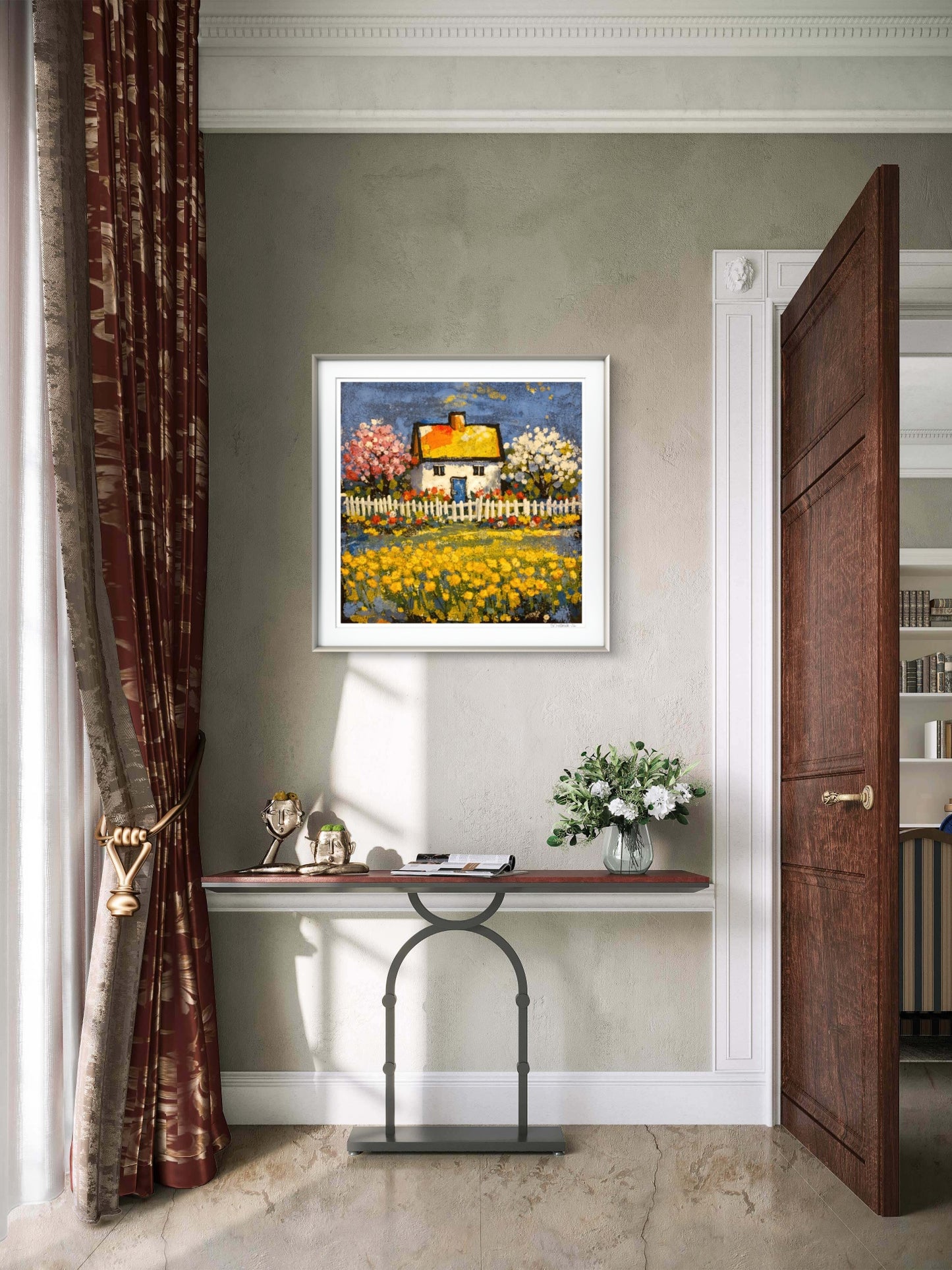 Hvitt-hus-i-hagen-med-blomstereng-Giclee trykk