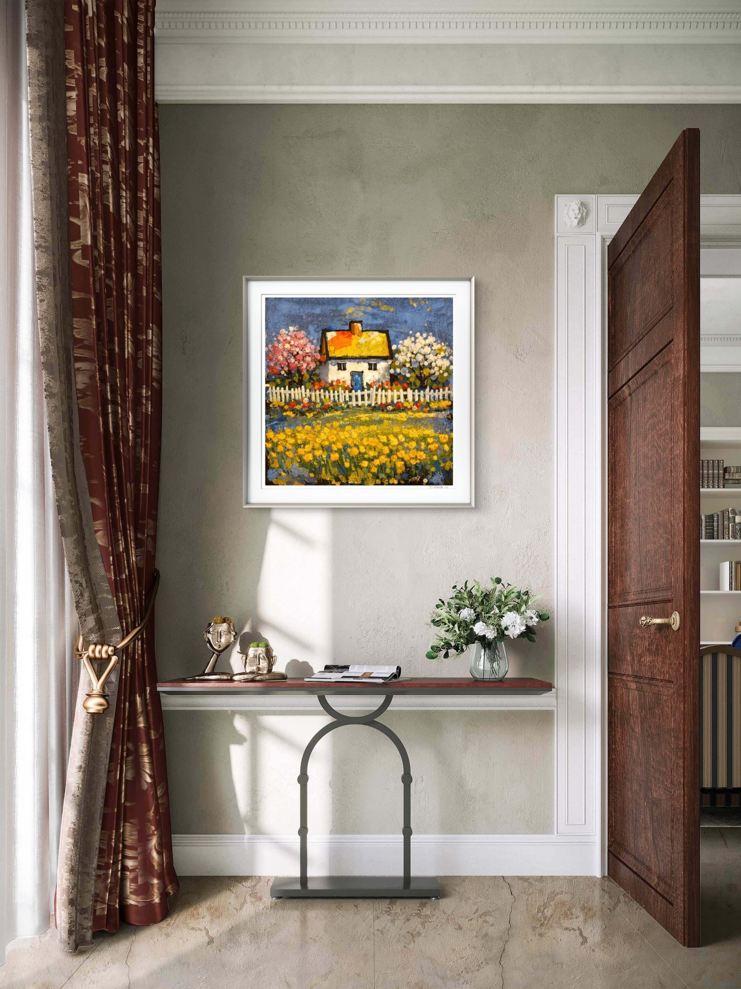 Hvitt-hus-i-hagen-med-blomstereng-Giclee trykk