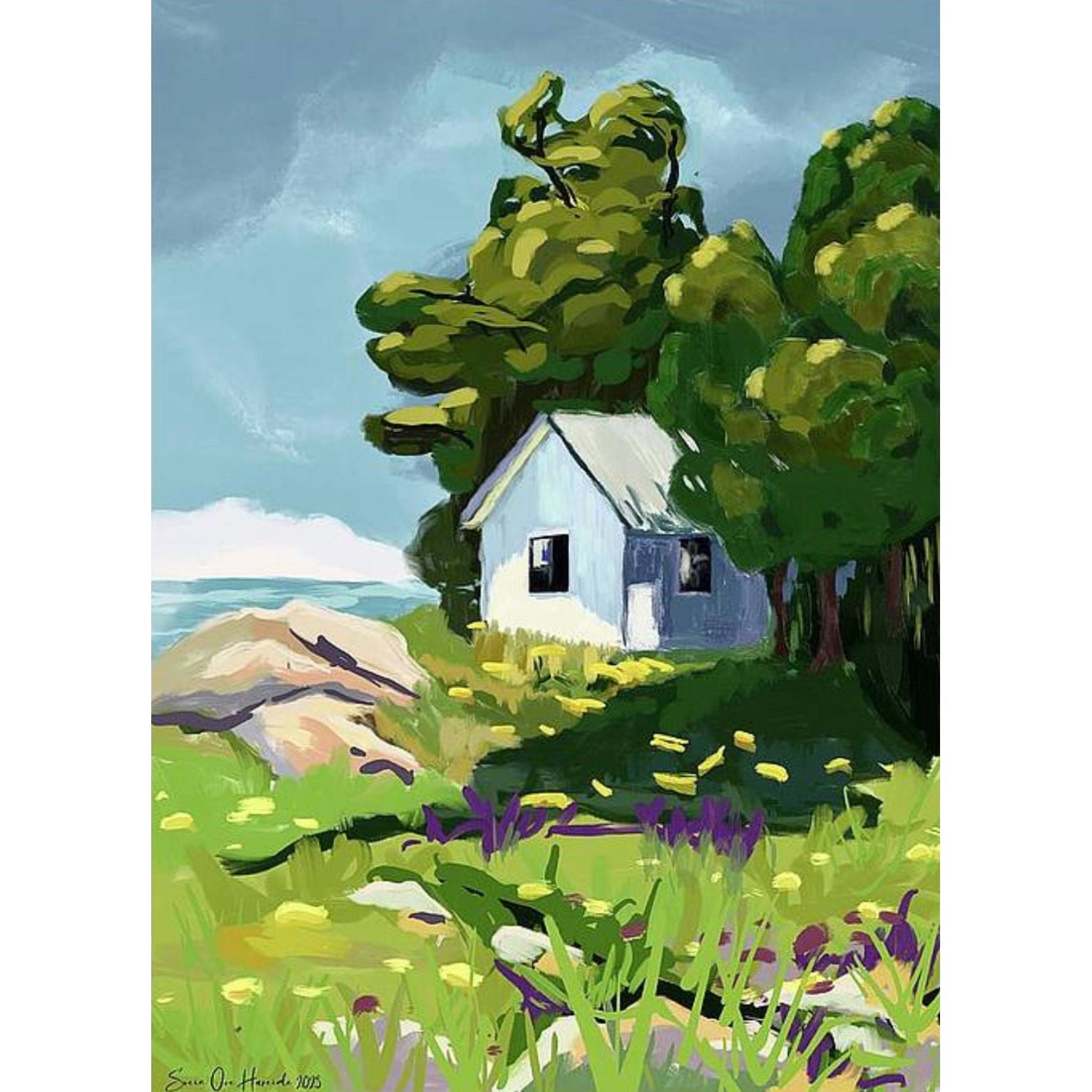 Hvitt hus i skogen uten ramme - HareideART