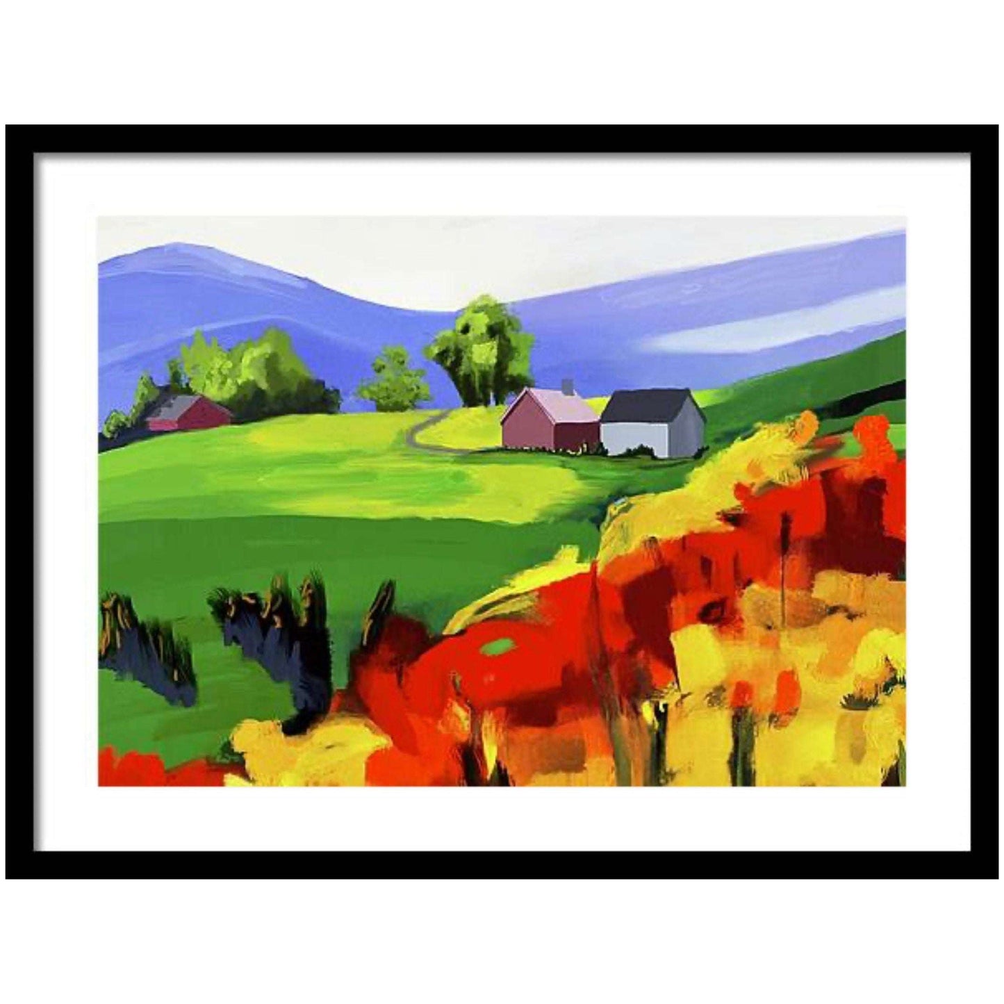 Summer vibes – fargerikt og lekent sommerlandskap med varm stemning og levende fargeglød, kunstprint av HareideART