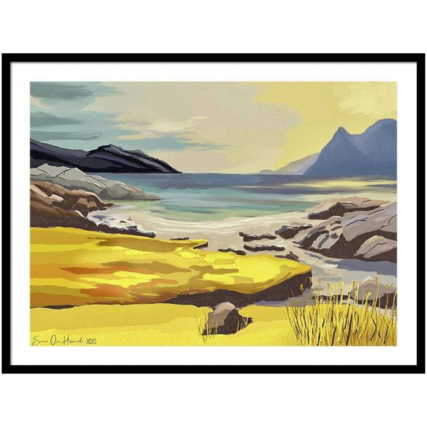 Hvit strand i Lofoten – abstrakt nordnorsk kystmotiv med lys sandstrand og dramatisk øylandskap, kunstprint av HareideART