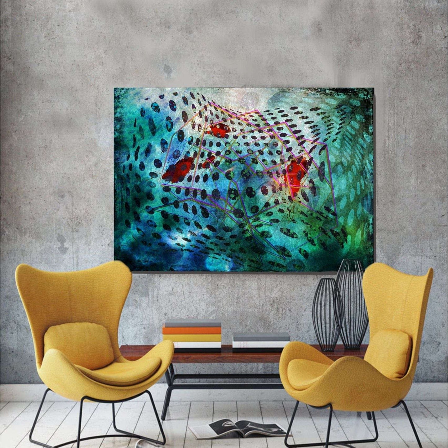 Into What – kontemplativ abstrakt kunst med nettverk av linjer og møtepunkter i stille komposisjon, kunstprint av HareideART
