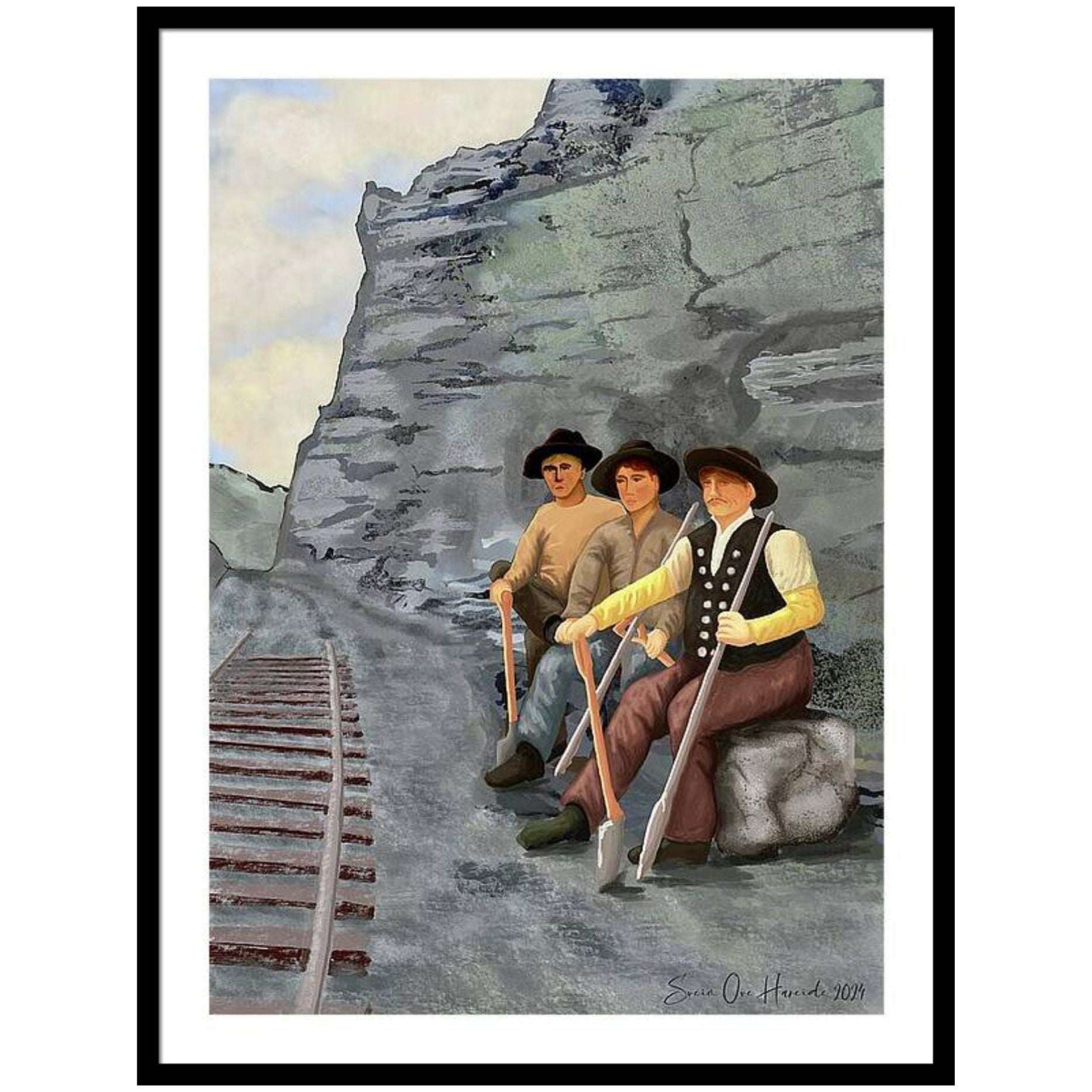 Pause under bygging av Ofotbanen – historisk Narvik-motiv med jernbanearbeidere i hvile under storslagne fjell, kunstprint av HareideART