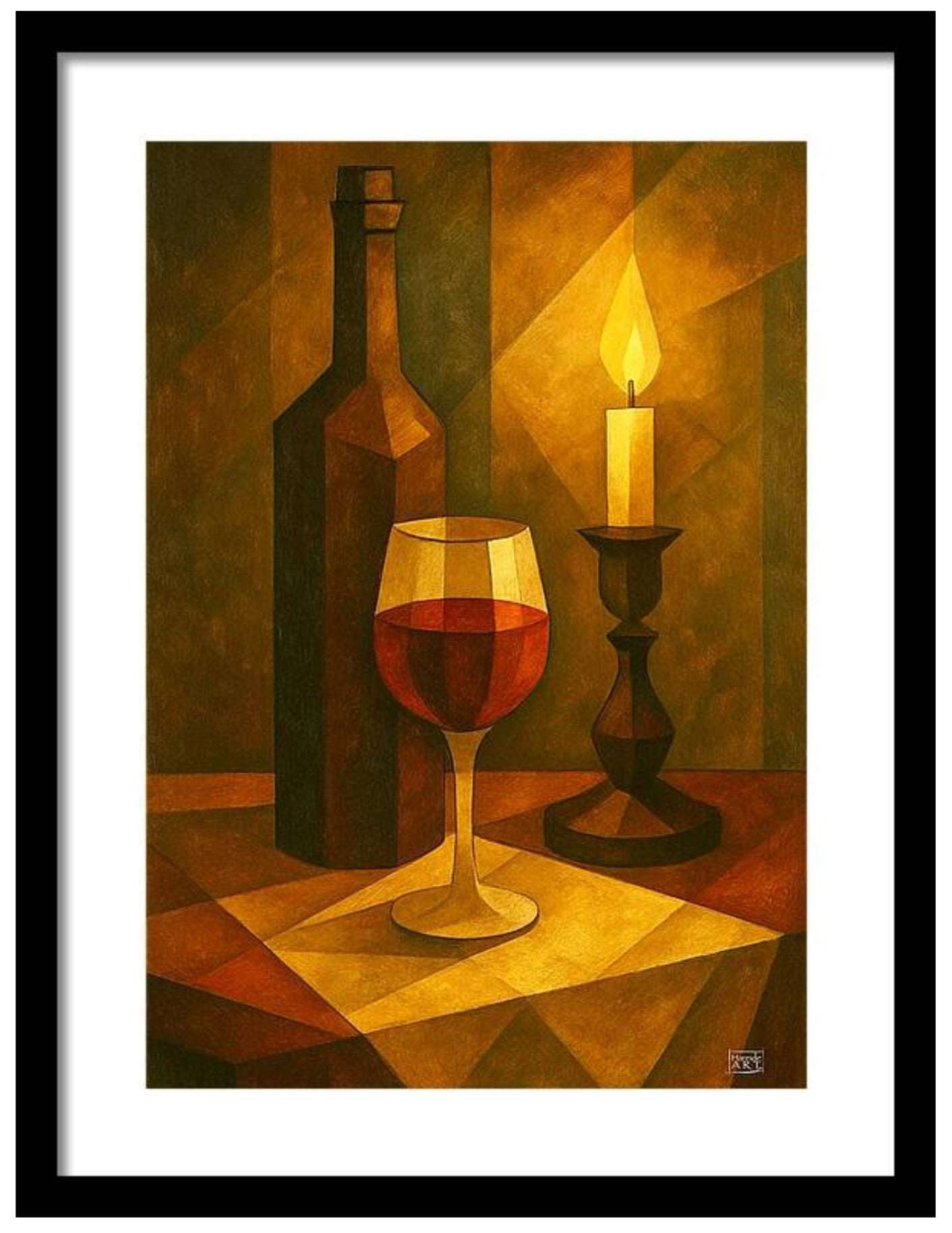 Stilleben av vin og stearinlys – kubistisk komposisjon med vinflaske og tent lys i varme jordtoner, kunstprint av HareideART