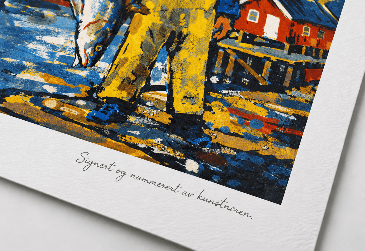 Fangsten – fiskeren holder dagens fangst, presentasjonsbilde, giclée-trykk 