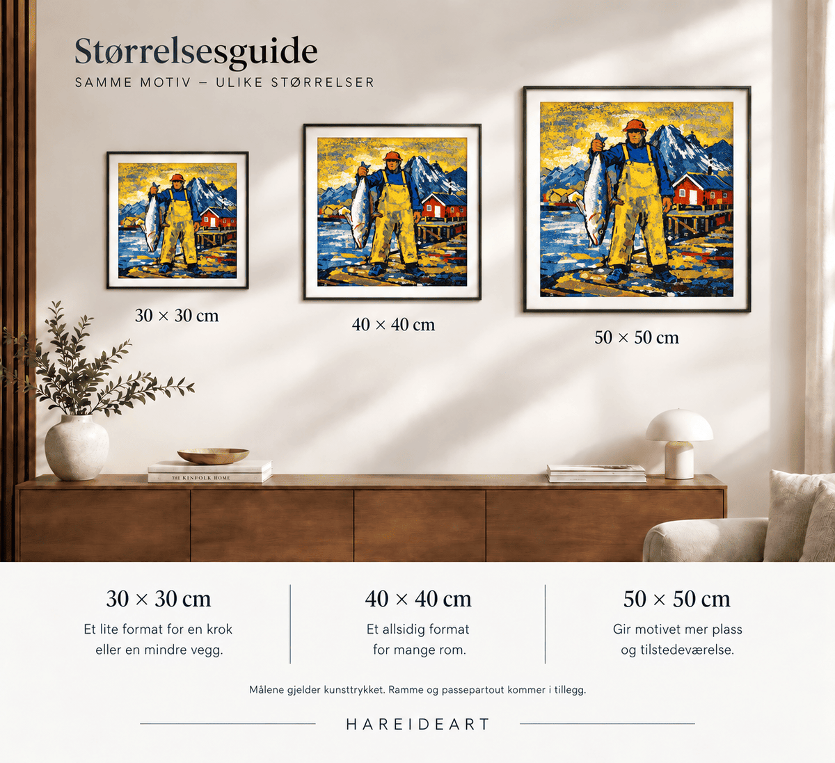 Fangsten – fiskeren holder dagens fangst, presentasjonsbilde, kunst trykk