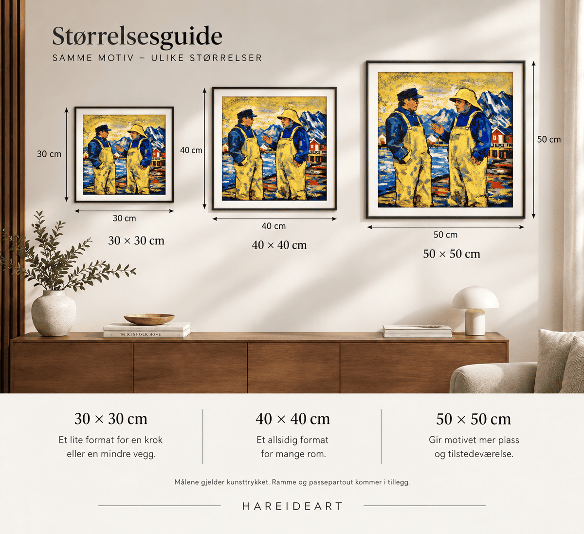 Samtalen – størrelser i interiør, giclée-trykk av HareideART