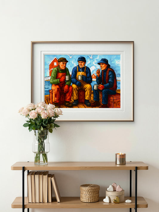 Kaffe på kaia – figurativt norsk kystlivsmotiv,kunstprint av HareideART