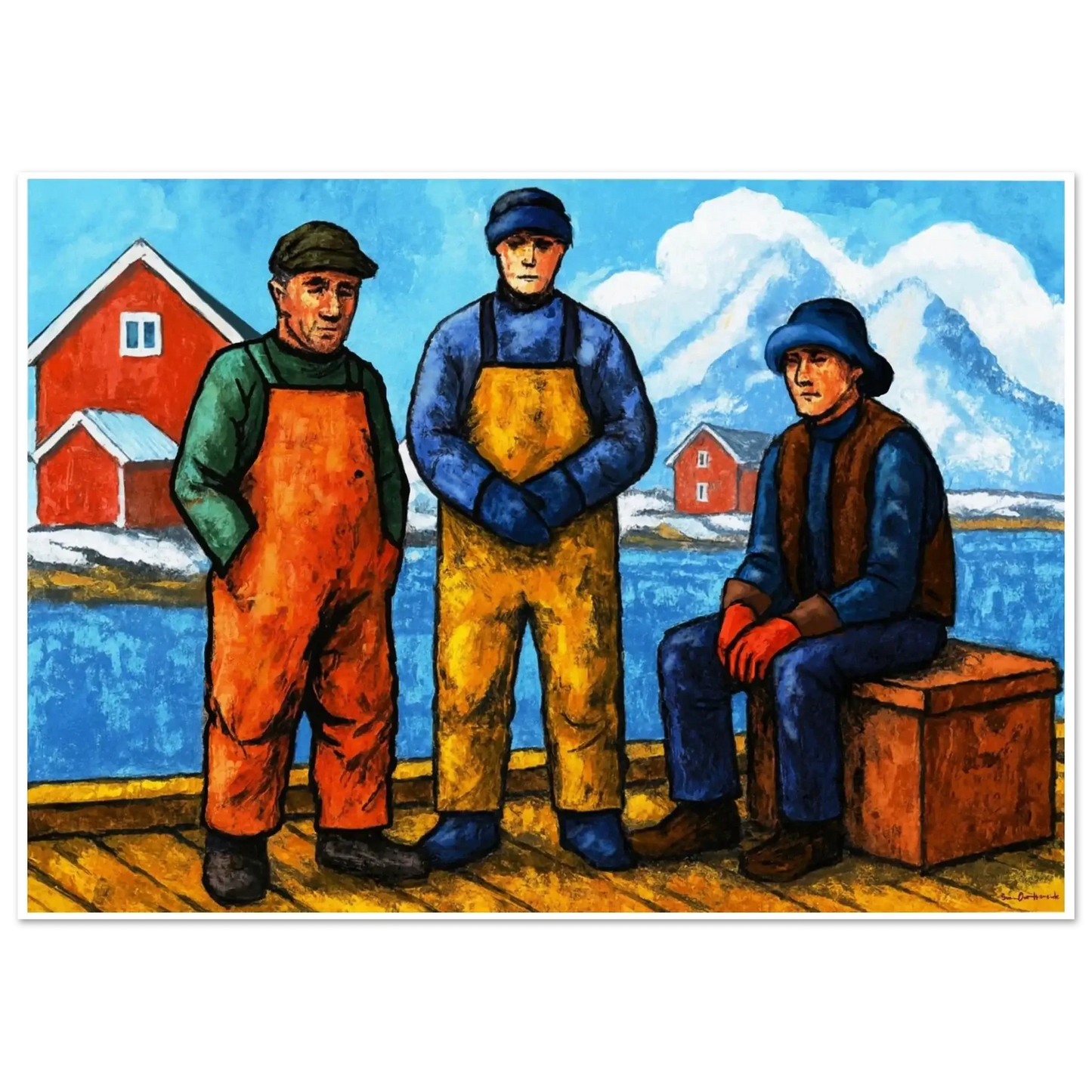 Kallan på kaia – figurativt nordnorsk kystlivsmotiv med menneskelig aktivitet på kaien, kunstprint av HareideART