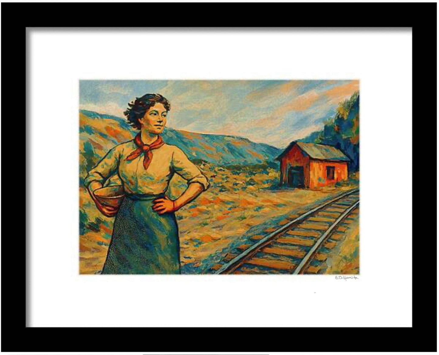 Svarta Bjørn – figurativt portrett inspirert av rallarlivet og kvinner under bygging av Ofotbanen, kunstprint av HareideART