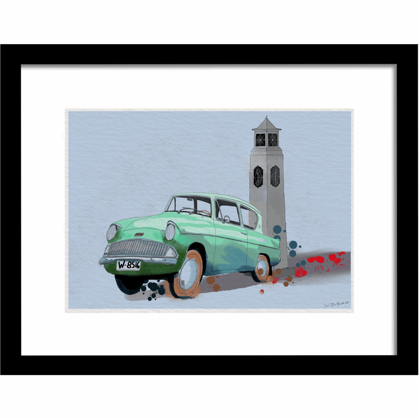 Ford Anglia i Narvik – nostalgisk byscene i kveldssol med retroatmosfære og norsk gatekultur, kunstprint av HareideART