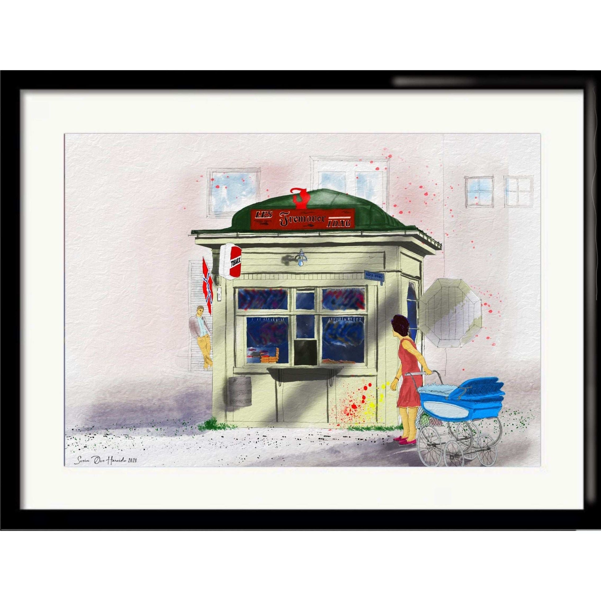 Havnekiosken Narvik – havnemotiv med stemningsfull kiosk ved sjøkanten og nostalgisk bykarakter, kunstprint av HareideART