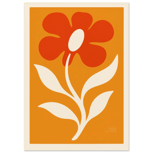 Kunsttrykk av en stor oransje og rød blomst med retroinspirert stil mot en solfylt, lys bakgrunn