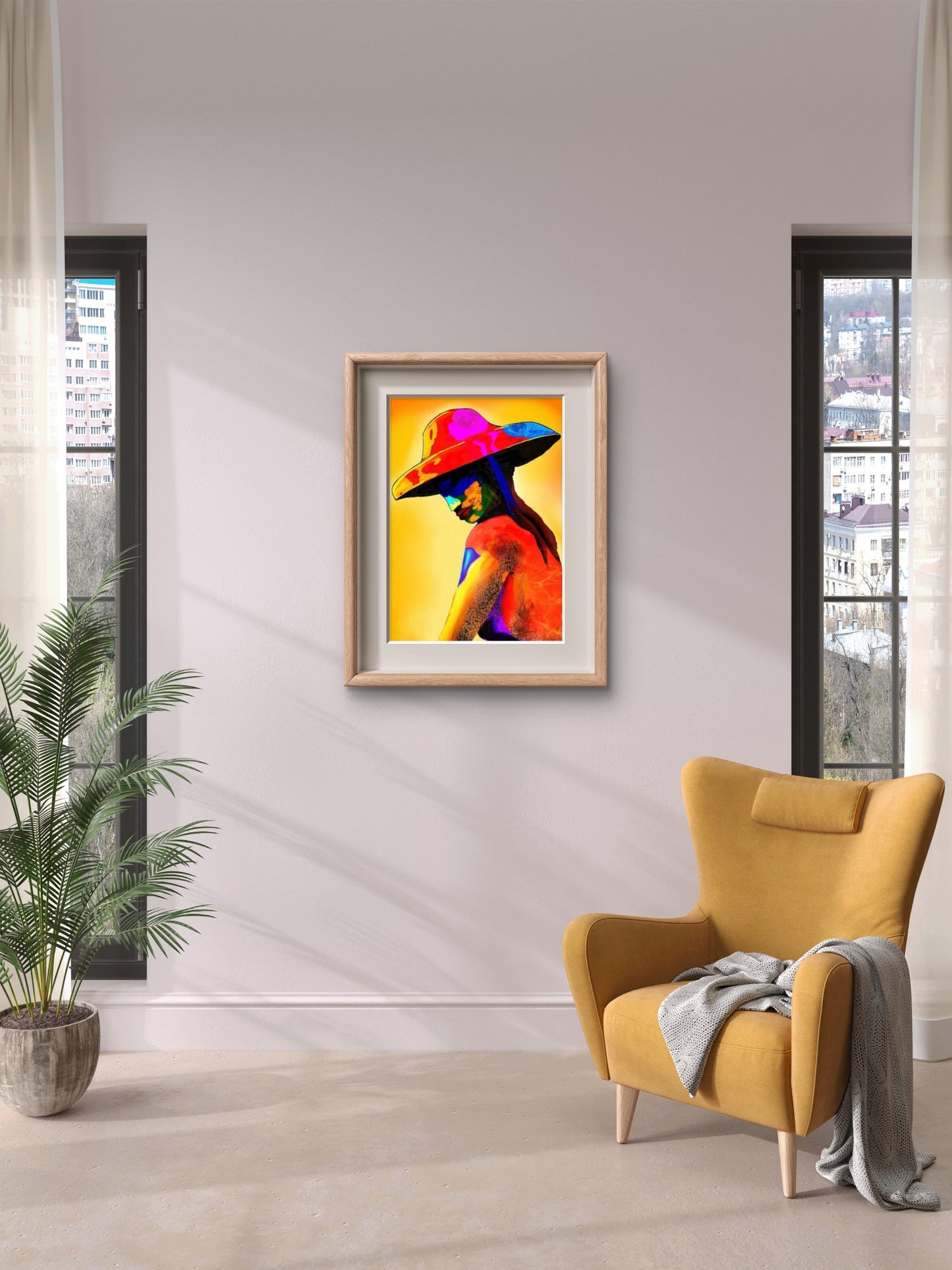 Kvinne med stor hatt og bøyd hode – innadvendt figurativt portrett med mykt lys og stille nærvær, Giclee print av HareideART