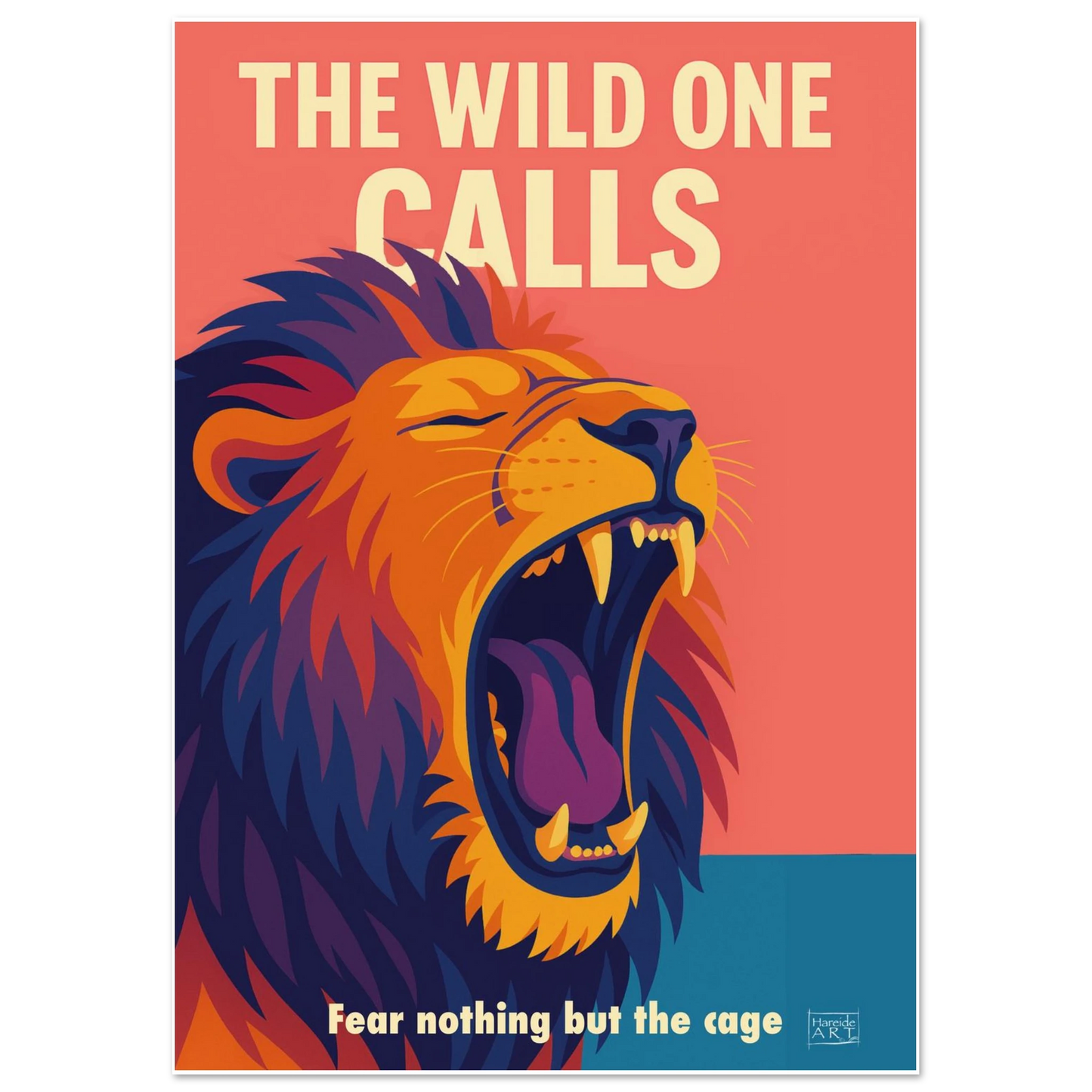 The wild one calls løve – majestetisk løvekunst i dype oransje toner med kraftfull og rolig urkarakter, kunstprint av HareideART