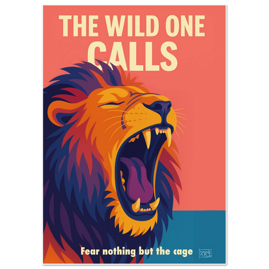 The wild one calls løve – majestetisk løvekunst i dype oransje toner med kraftfull og rolig urkarakter, kunstprint av HareideART