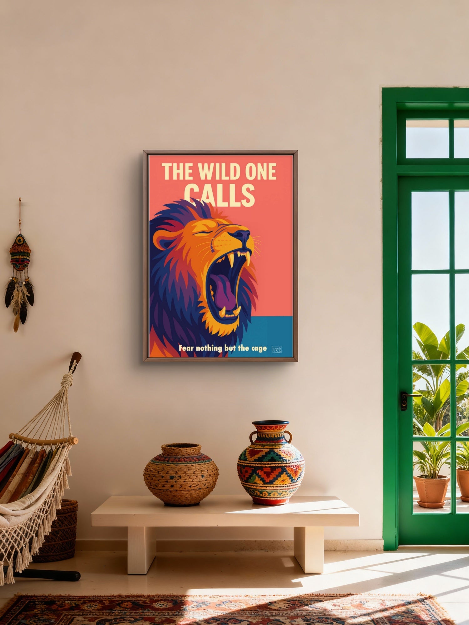 Kunsttrykk av majestetisk løve i dype oransje toner med teksten 'Fear nothing but the cage' - kraftfull og rolig uttrykk