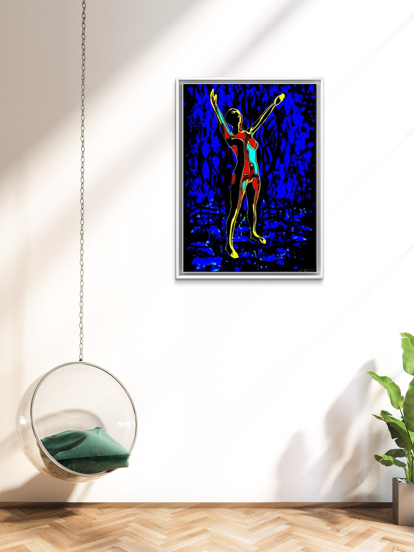 Lift Me Up detalj – nærbilde av den dynamiske kvinnefiguren og blå nyanser i abstrakt kunstprint av HareideART