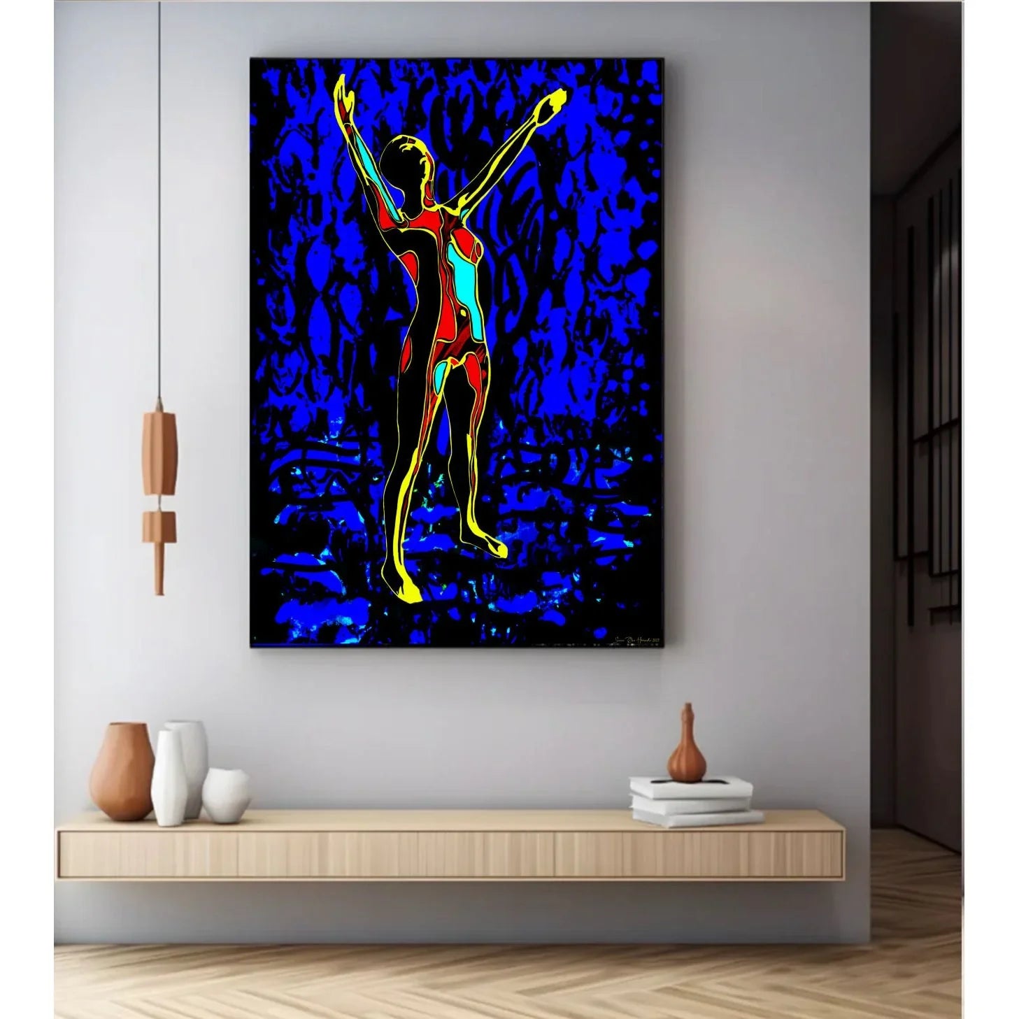 Lift Me Up i sort ramme – kraftfull figurativ kunst med dynamisk kvinneskikkelse mot blå bakgrunn, giclée print av HareideART