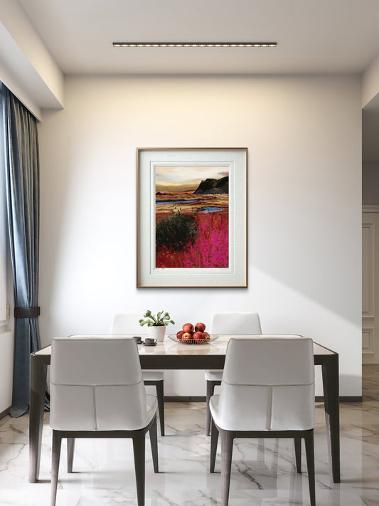 Lofoten abstrakt solnedgang uten ramme – stemningsfullt lys over fjord og fjell etter solnedgang, kunstprint av HareideART