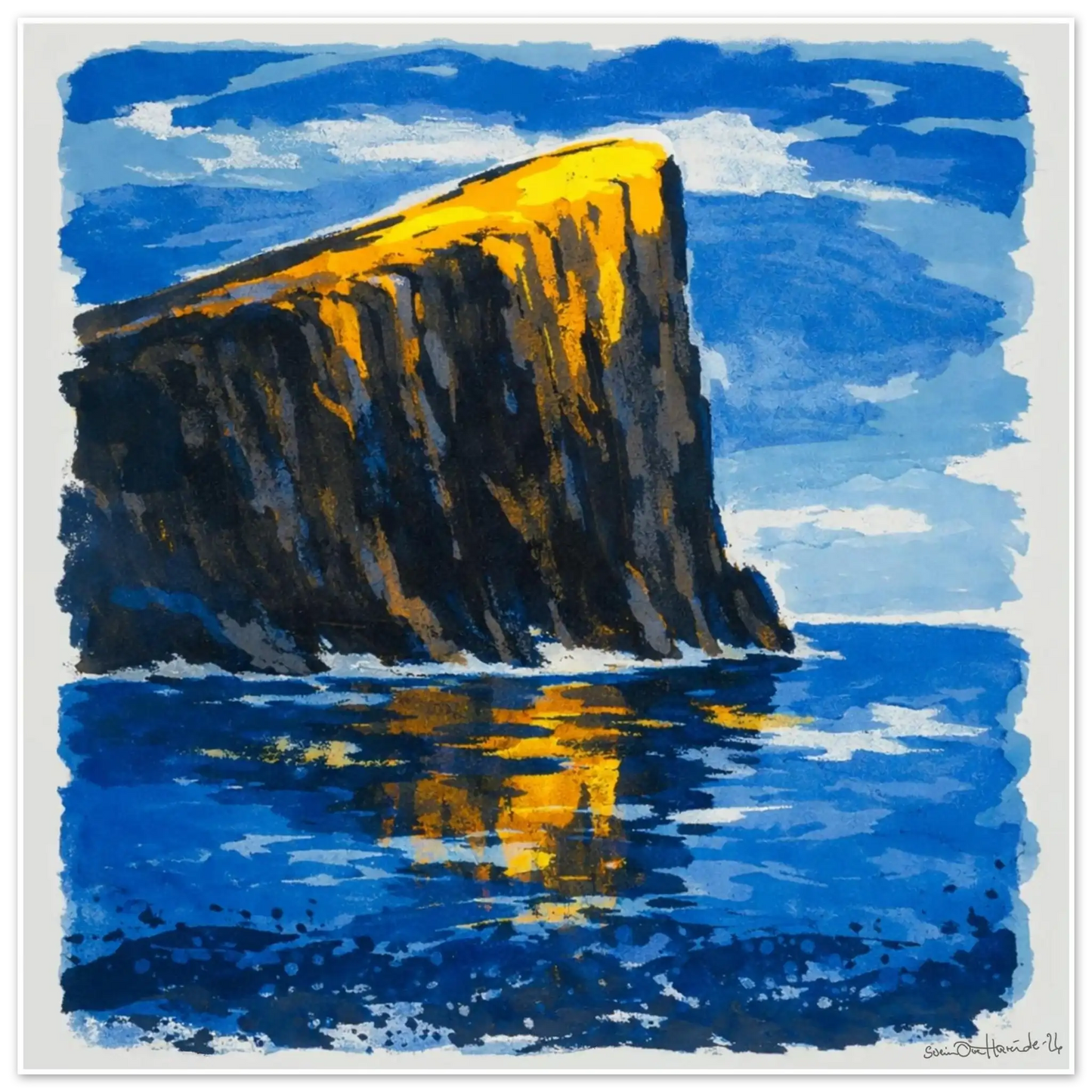 Lyset på kanten – abstrakt kystkunst med gyllent lys over mørk klippe og dypt blått hav, kunstprint av HareideART