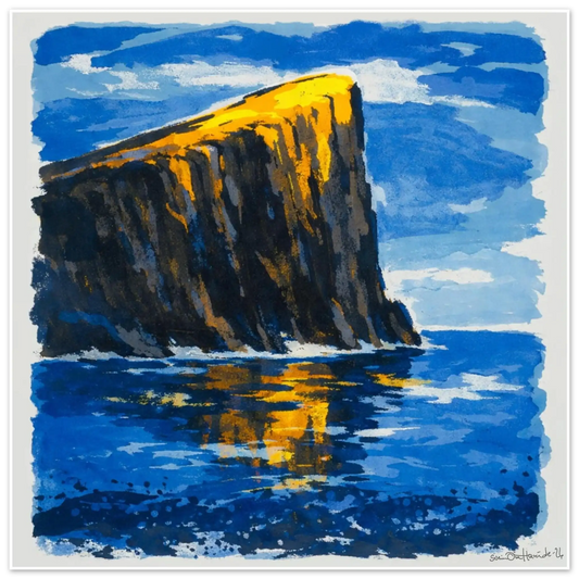 Lyset på kanten – abstrakt kystkunst med gyllent lys over mørk klippe og dypt blått hav, kunstprint av HareideART