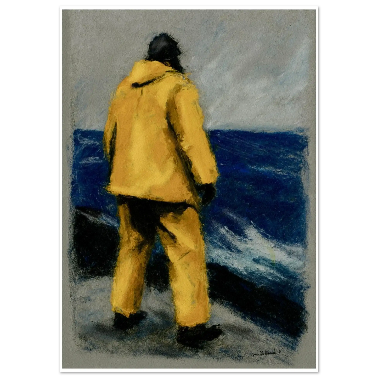 Mot havet – ensom fisker i gul regnjakke ved vannkanten med blikket ut mot det dype blåe havet, kunstprint av HareideART