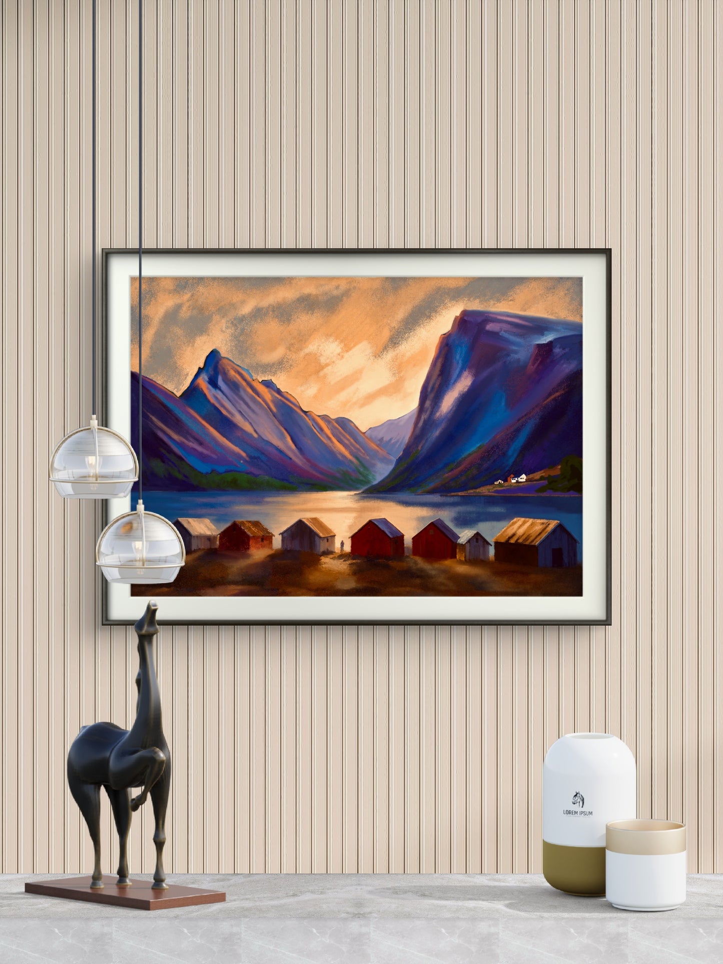 Mellom fjellene – nordnorsk fjellandskap i mørkeblått og fiolett med lysgjennombrudd over sjøen, abstrakt kunsttrykk fra HareideART