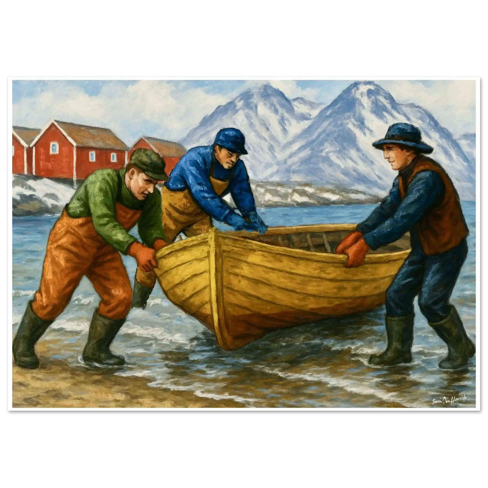 Når båten settes på land – autentisk kystmotiv med tre fiskere som løfter båt på land mot røde sjøhus, kunstprint av HareideART