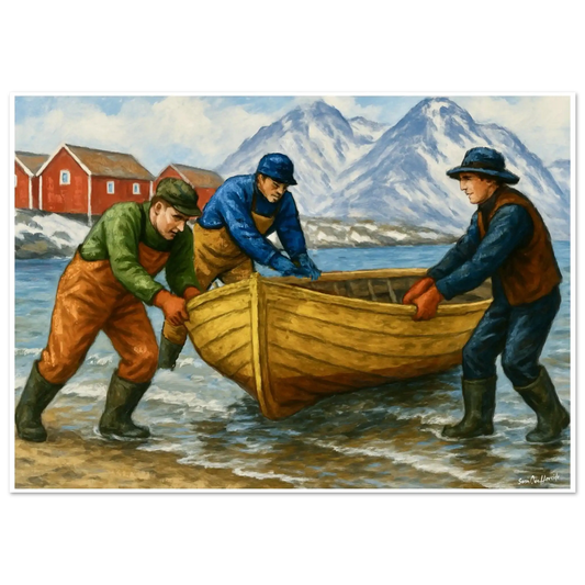 Når båten settes på land – autentisk kystmotiv med tre fiskere som løfter båt på land mot røde sjøhus, kunstprint av HareideART
